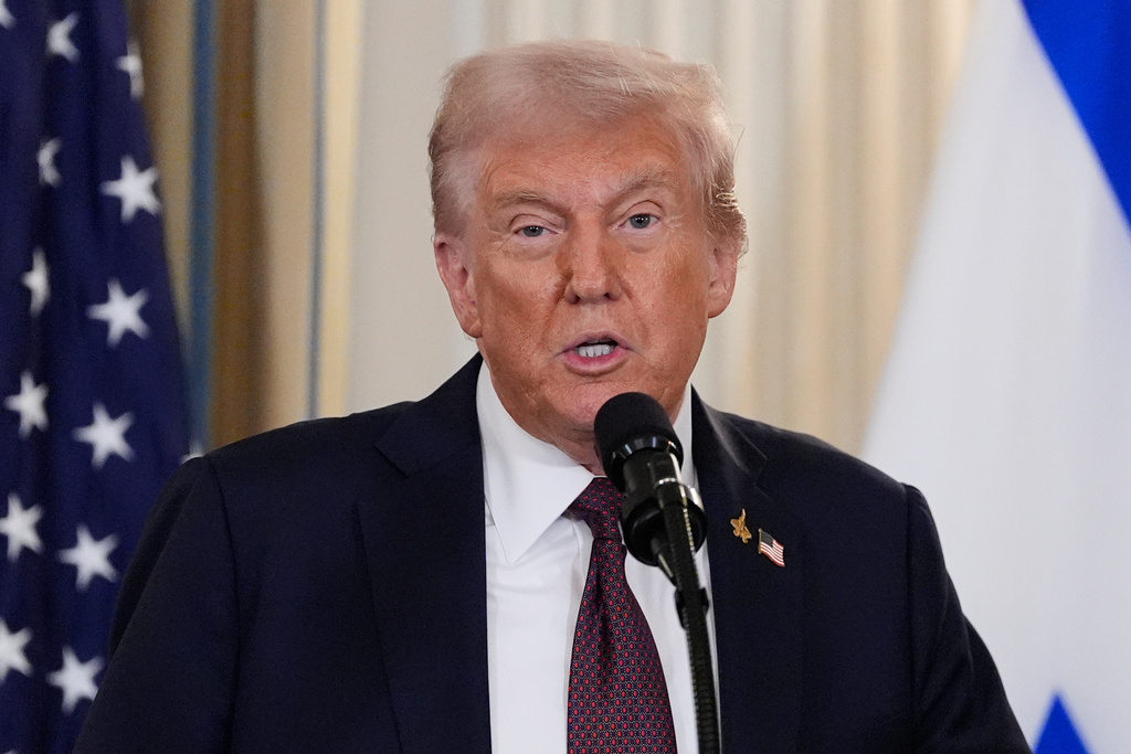President Donald Trump speaks during a news conference with Israel's Prime Minister Benjamin Netanyahu in the State Dining Room of the White House, Monday, Sept. 29, 2025, in Washington. (AP Photo/Alex Brandon)