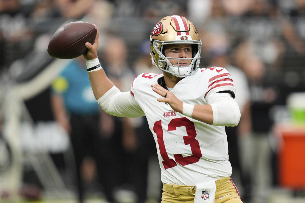 San Francisco 49ers quarterback Brock Purdy (13) throws as pass during the first half of a preseason NFL football game against the Las Vegas Raiders, Saturday, Aug. 16, 2025, in Las Vegas. (AP Photo/John Locher)