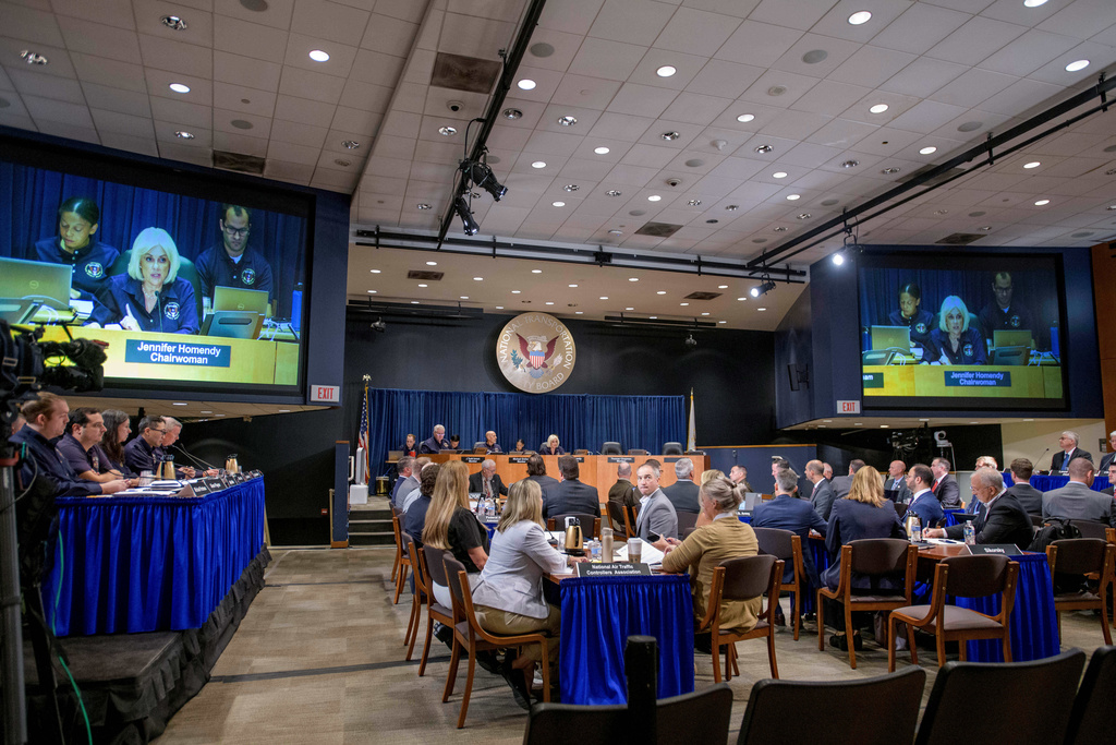 FILE - National Transportation Safety Board Chairwoman Jennifer Homendy speaks during the NTSB fact-finding hearing on the DCA midair collision accident, at the National Transportation and Safety Board boardroom, July 30, 2025, in Washington. (AP Photo/Rod Lamkey, Jr., File)