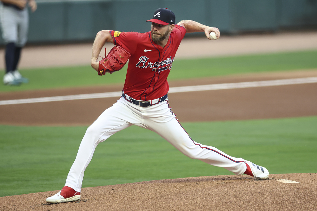 Atlanta Braves pitcher Chris Sale delivers in the first inning of a baseball game against the Seattle Mariners, Friday, Sept. 5, 2025, in Atlanta. (AP Photo/Colin Hubbard)
