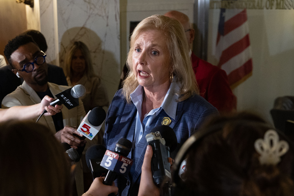 Missouri Attorney General Catherine Hanaway speaks to members of the media after the contempt hearing of Denny Hoskins, Secretary of State of Missouri, at the Missouri Supreme Court in Jefferson City, Mo., Thursday, Sept. 10, 2026. (Liz Rymarev/St. Louis Post-Dispatch via AP, Pool)