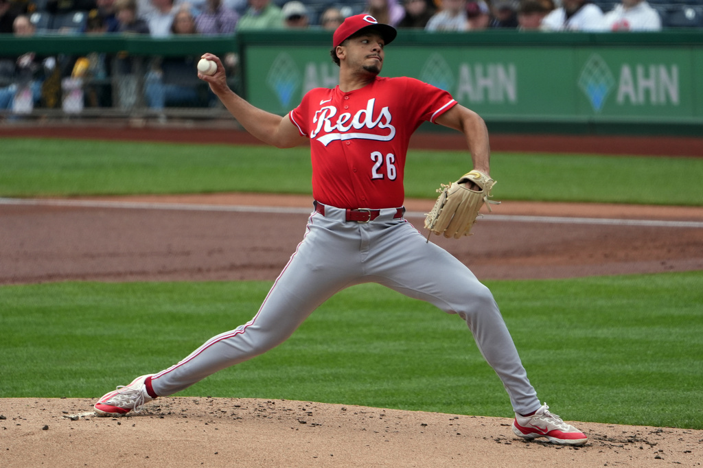 Cincinnati Reds pitcher Chase Burns delivers against the Pittsburgh Pirates in the first inning of a baseball game in Pittsburgh, Sunday, May 3, 2026. (AP Photo/Tom E. Puskar)
