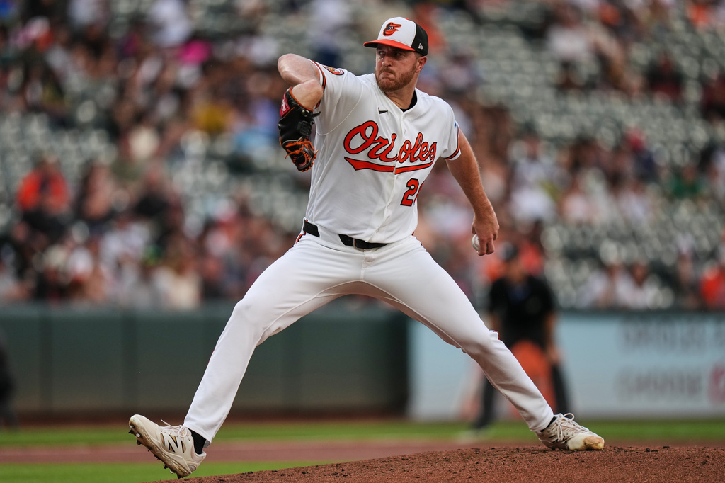 Baltimore Orioles starting pitcher Trevor Rogers delivers during the second inning of a baseball game against the Los Angeles Angels, Wednesday, Aug. 5, 2026, in Baltimore. (AP Photo/Stephanie Scarbrough)