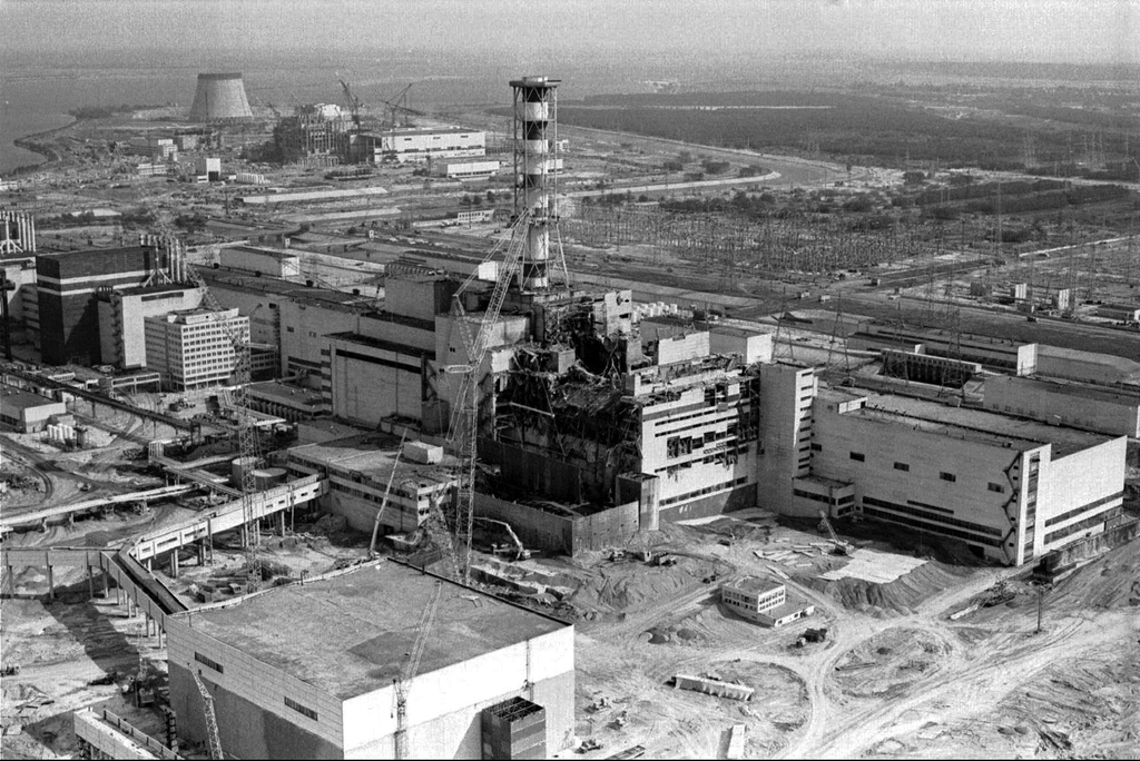 FILE - This aerial view shows the Chernobyl nuclear power plant in Chernobyl, Ukraine, April 26, 1986. (AP Photo/Volodymyr Repik, File)