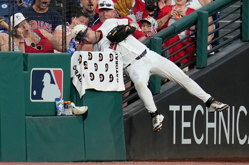 Cleveland Guardians left fielder Cooper Ingle hangs over the left field fence after catching a fly ball hit by Chicago White Sox's Drew Romo for an out in the sixth inning of a baseball game in Cleveland, Saturday, July 4, 2026. (AP Photo/Sue Ogrocki)