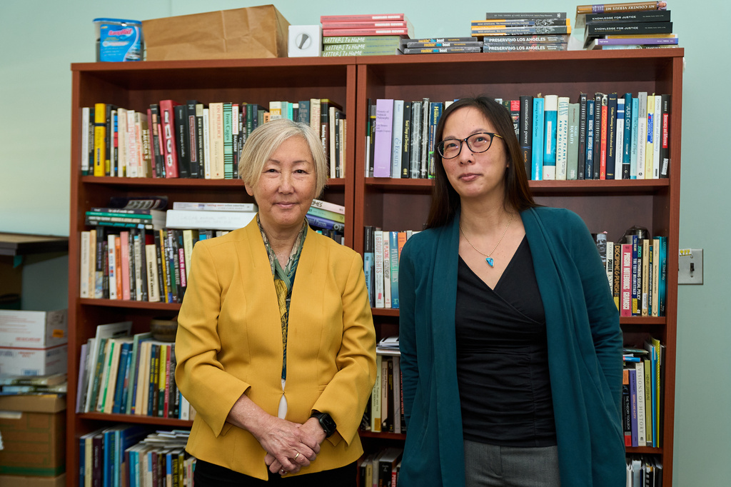 UCLA professors Karen Umemoto, left, and Kelly Fong pose for a picture at UCLA's Asian American Studies Center in Los Angeles Monday, April 27, 2026. (AP Photo/Damian Dovarganes)