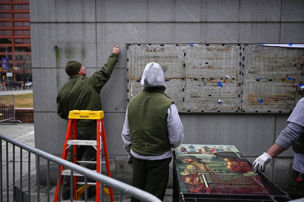 FILE - Panels that were part of an exhibit on slavery at the President's House Site in Philadelphia are put back Thursday, Feb. 19, 2026. (AP Photo/Joe Lamberti, File)