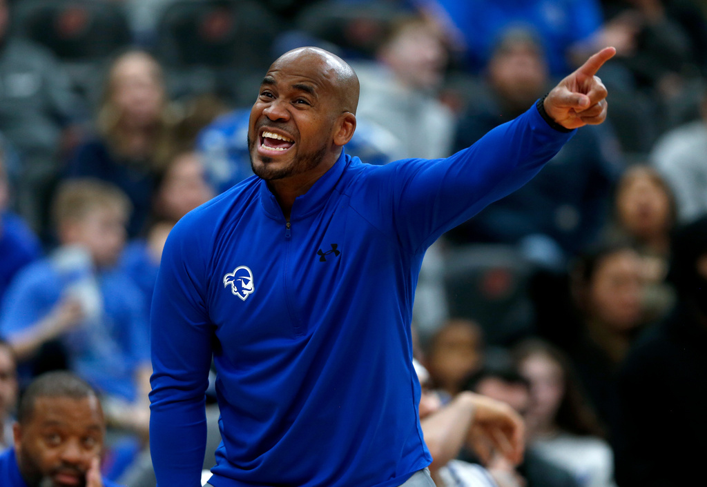 Seton Hall head coach Shaheen Holloway yells at the officials during the second half of an NCAA college basketball game against Butler Saturday, Jan. 17, 2026, in Newark. (AP Photo/John Munson)