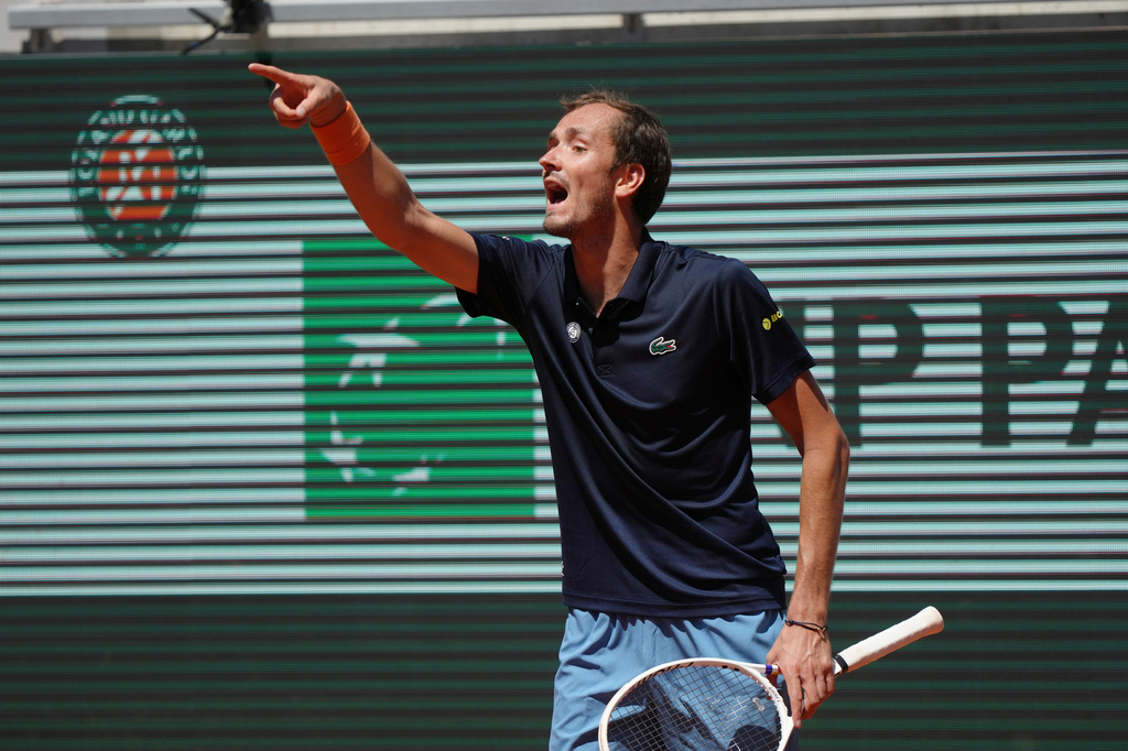 Daniil Medvedev of Russia reacts as he plays against Adam Walton of Australia during their first round men's singles tennis match at the French Open tennis tournament in Paris, Tuesday, May 26, 2026. (AP Photo/Aurelien Morissard)