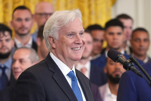 FILE - Los Angeles Dodgers owner and chairman Mark Walter speaks during a ceremony to honor the Major League Baseball 2024 World Series Champion team in the East Room of the White House, Monday, April 7, 2025, in Washington. (AP Photo/Evan Vucci, File) FILE - Los Angeles Dodgers owner and chairman Mark Walter speaks during a ceremony to honor the Major League Baseball 2024 World Series Champion team in the East Room of the White House, Monday, April 7, 2025, in Washington. (AP Photo/Evan Vucci, File)