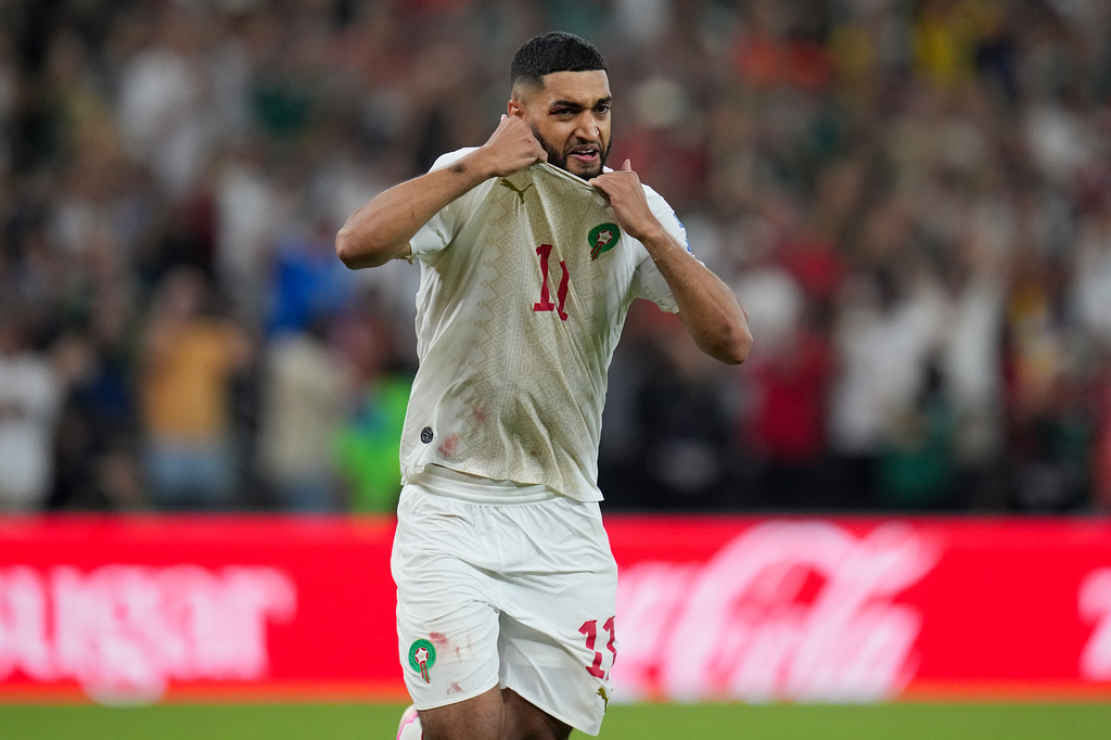 Morocco's Ismael Saibari (11) celebrates kicking the game winning penalty kick goal during the World Cup round of 32 soccer match between the Netherlands and Morocco in Guadalupe, near Monterrey, Mexico, Monday, June 29, 2026. (AP Photo/Dolores Ochoa)