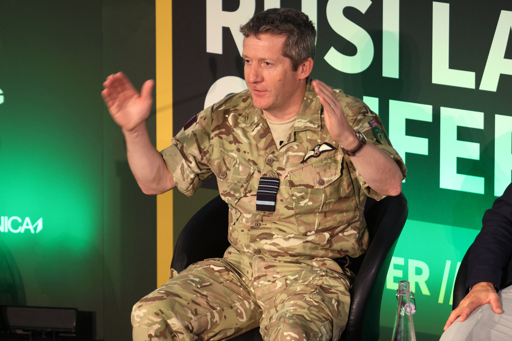 Air Chief Marshal Sir John Stringer, NATO’s Deputy Supreme Allied Commander Europe, speaks at a military conference in London organized by the Royal United Services Institute on Wednesday, June 24, 2026. (Chris Jones via AP)