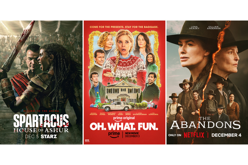 This combination of images shows promotional art for the series "Spartacus: House of Ashur," left, the film "Oh. What. Fun.," center, and the series "The Abandons." (Starz/Prime/Netflix via AP)