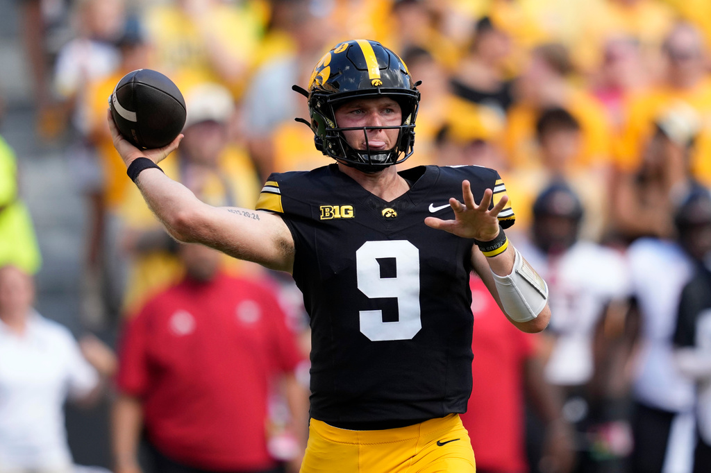 Iowa quarterback Hank Brown looks to throw a pass during the first half of an NCAA college football game against Northern Illinois, Saturday, Sept. 5, 2026, in Iowa City, Iowa. (AP Photo/Charlie Neibergall)