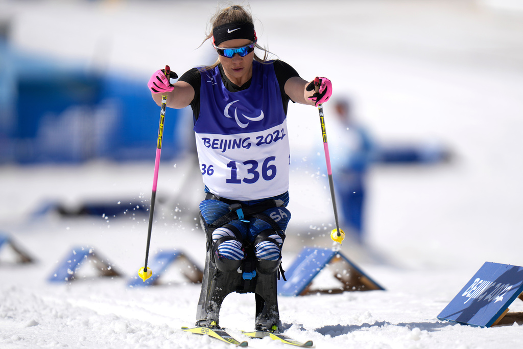 FILE - Oksana Masters of the U.S. competes during the women's middle distance sitting event of para cross country skiing at the 2022 Winter Paralympics, March 12, 2022, in Zhangjiakou, China. (AP Photo/Shuji Kajiyama, file)