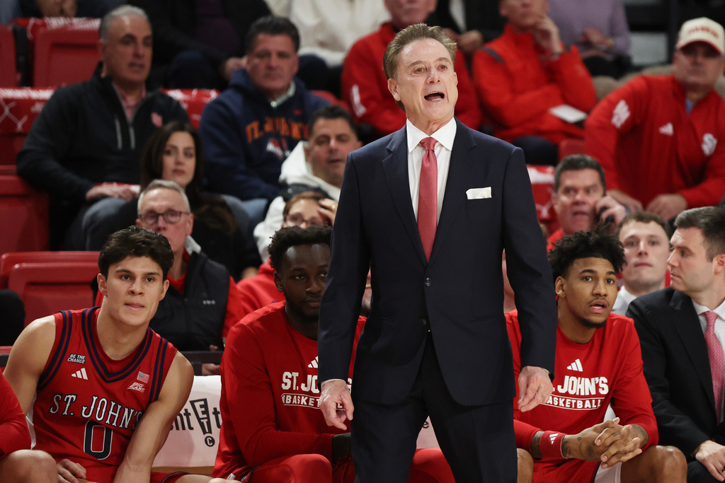 St. John's head coach Rick Pitino yells from the sideline during the first half of an NCAA college basketball game against DePaul, Tuesday, Dec. 16, 2025, in New York. (AP Photo/Heather Khalifa)