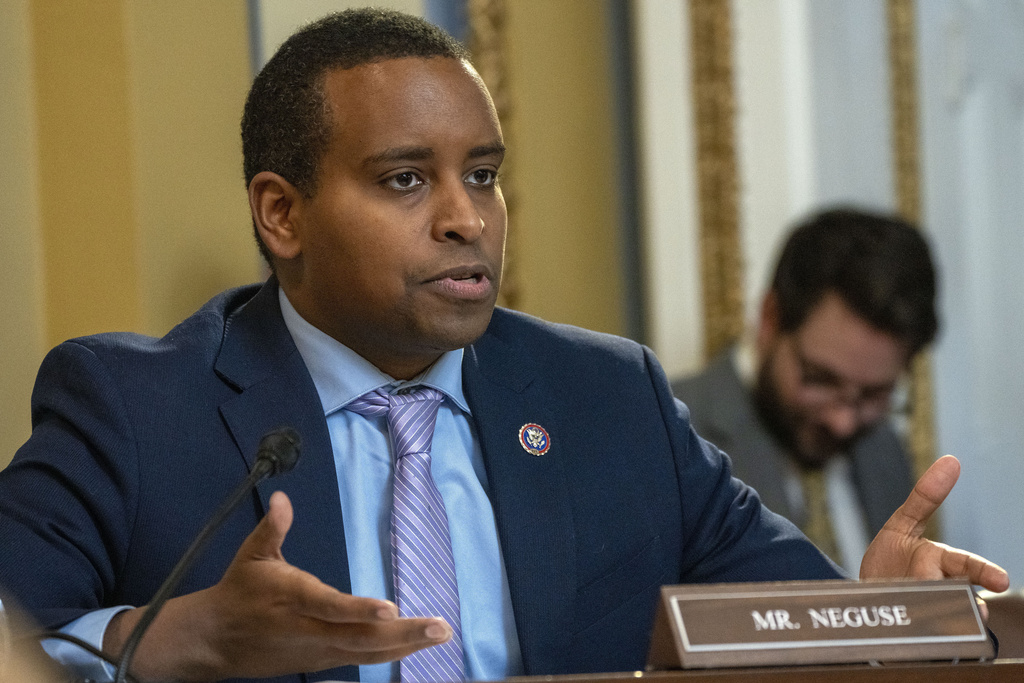 FILE - Rep. Joe Neguse, D-Colo., with the House Rules Committee speaks as the committee meets to discuss pregnancy in college students, after deciding not to consider the resolutions to hold Hunter Biden in contempt of Congress as planned on Tuesday, Jan. 16, 2024, on Capitol Hill in Washington. (AP Photo/Jacquelyn Martin, File)