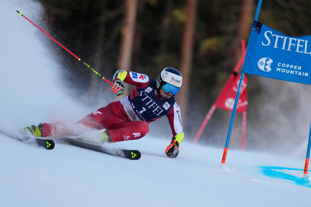 Austria's Stefan Brennsteiner competes during a World Cup men's giant slalom skiing race, Friday, Nov. 28, 2025, in Copper Mountain. (AP Photo/John Locher)