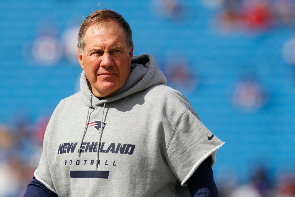 FILE - In this Sept. 30, 2012, file photo, New England Patriots head coach Bill Belichick prepares for an NFL football game against the Buffalo Bills in Orchard Park, N.Y. (AP Photo/Bill Wippert, File)