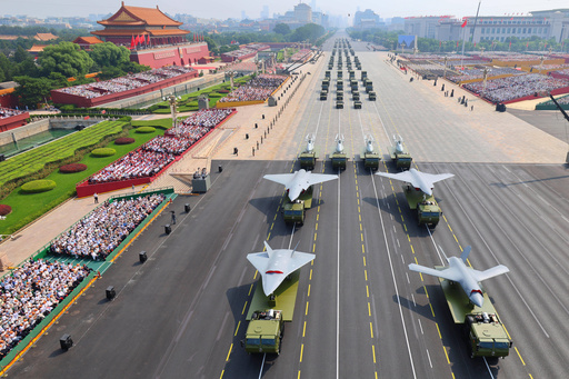 FILE - In this photo provided by China's Xinhua News Agency,In this photo released by Xinhua News Agency, drones and other armament formations pass during the military parade to commemorate the 80th anniversary of the end of World War II held in front of Tiananmen Gate in Beijing, Wednesday, Sept. 3, 2025. (Liu Xu/Xinhua via AP, File) FILE - In this photo provided by China's Xinhua News Agency,In this photo released by Xinhua News Agency, drones and other armament formations pass during the military parade to commemorate the 80th anniversary of the end of World War II held in front of Tiananmen Gate in Beijing, Wednesday, Sept. 3, 2025. (Liu Xu/Xinhua via AP, File)