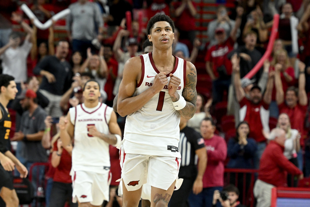 Arkansas guard Meleek Thomas (1) reacts after the final buzzer as Arkansas defeats Winthrop during the second half of an NCAA college basketball game, Tuesday, Nov. 18, 2025, in Fayetteville, Ark. (AP Photo/Michael Woods)