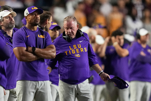 LSU head coach Brian Kelly talks on the sideline in the second half of an NCAA college football game against Texas A&M, Saturday, Oct. 25, 2025 in Baton Rouge, La. (AP Photo/Gerald Herbert) LSU head coach Brian Kelly talks on the sideline in the second half of an NCAA college football game against Texas A&M, Saturday, Oct. 25, 2025 in Baton Rouge, La. (AP Photo/Gerald Herbert)