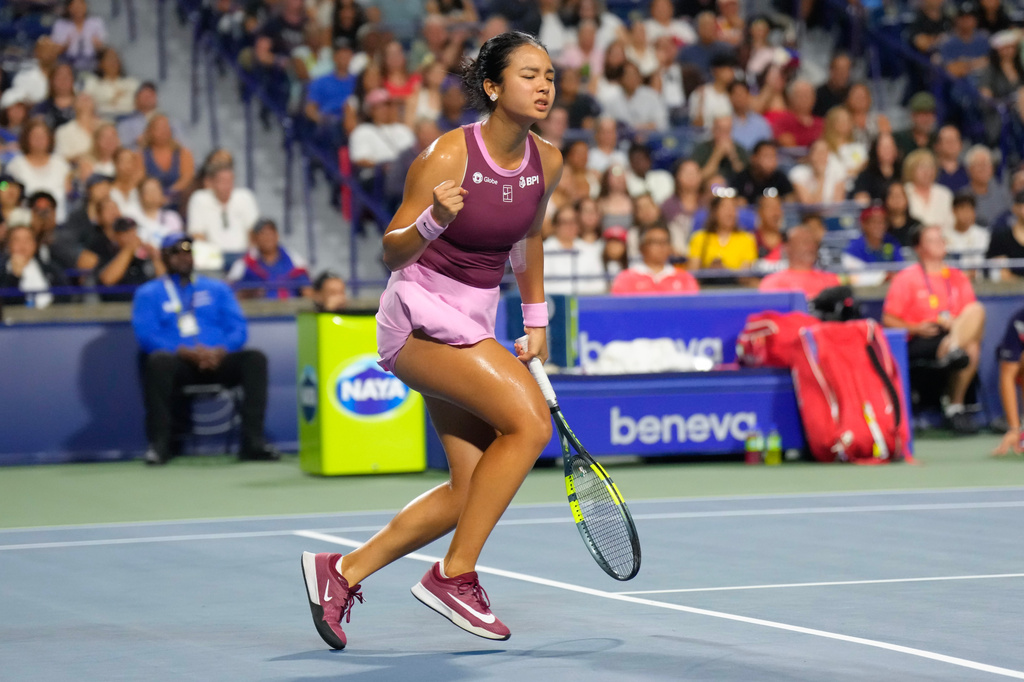 Philippines' Alexandra Eala celebrates a point against United States' Caty McNally during a National Bank Open tennis match in Toronto on Friday, Aug. 7, 2026. (Chris Young/The Canadian Press via AP)