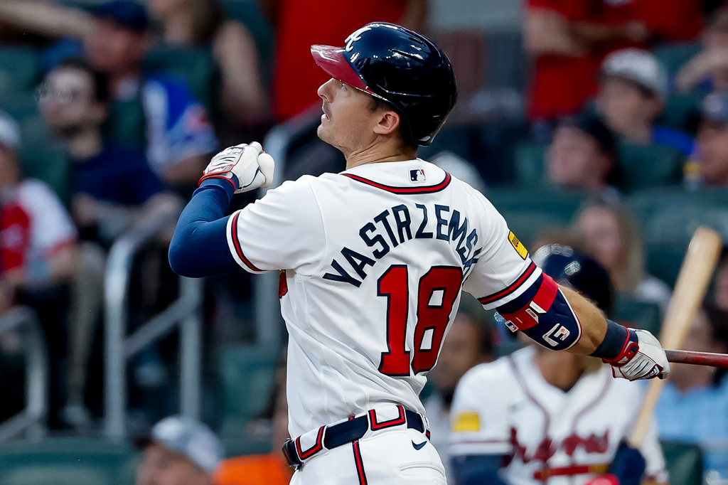 Atlanta Braves' Mike Yastrzemski hits a two-run home run against the Washington Nationals during the fifth inning of a baseball game, Thursday, July 30, 2026, in Atlanta. (AP Photo/Erik S. Lesser)