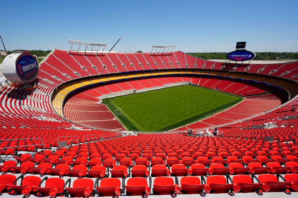 A general view of Arrowhead Stadium as it is rebranded as Kansas City Stadium, Monday, May 11, 2026, ahead of the 2026 FIFA World Cup soccer matches in Kansas City, Mo. (AP Photo/Charlie Riedel)