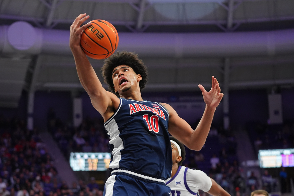 Arizona forward Koa Peat (10) catches a pass in front of TCU forward Xavier Edmonds during the first half of an NCAA college basketball game Saturday, Jan. 10, 2026, in Fort Worth, Texas. (AP Photo/LM Otero)