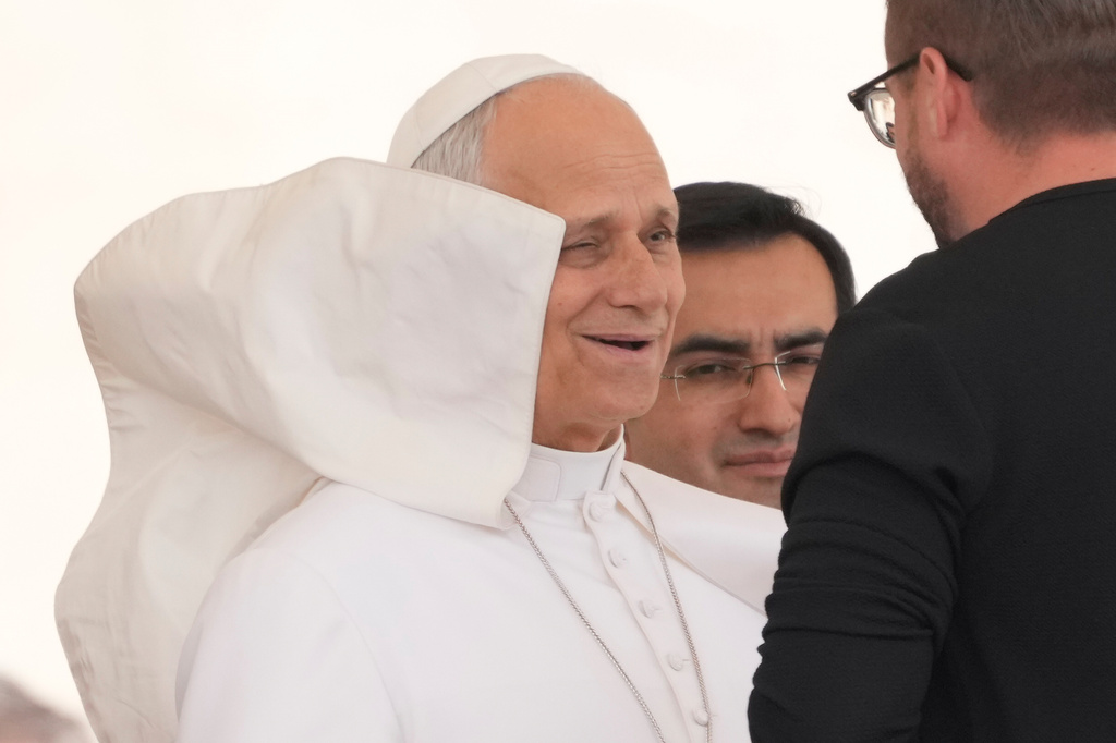 Pope Leo XIV holds his weekly general audience in St. Peter's Square, at the Vatican, Wednesday, May 6, 2026. (AP Photo/Gregorio Borgia)