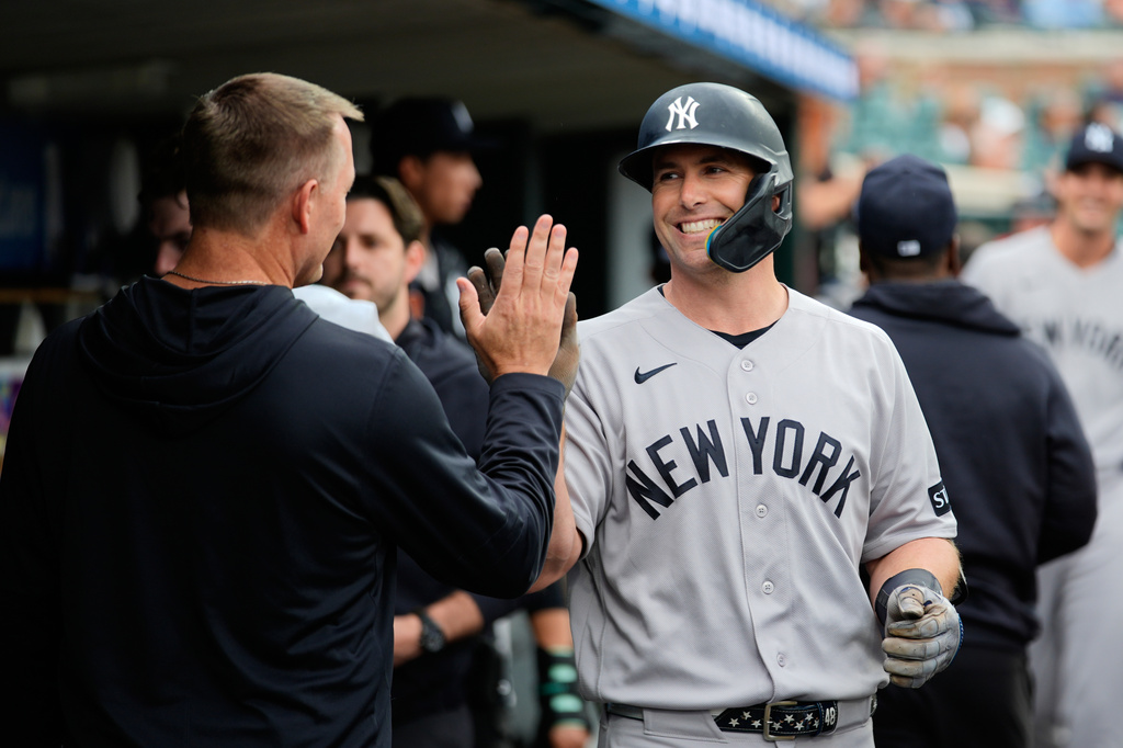 New York Yankees' Paul Goldschmidt celebrates his home run Detroit Tigers during the first inning of a baseball game Wednesday, June 24, 2026, in Detroit. (AP Photo/Paul Sancya)