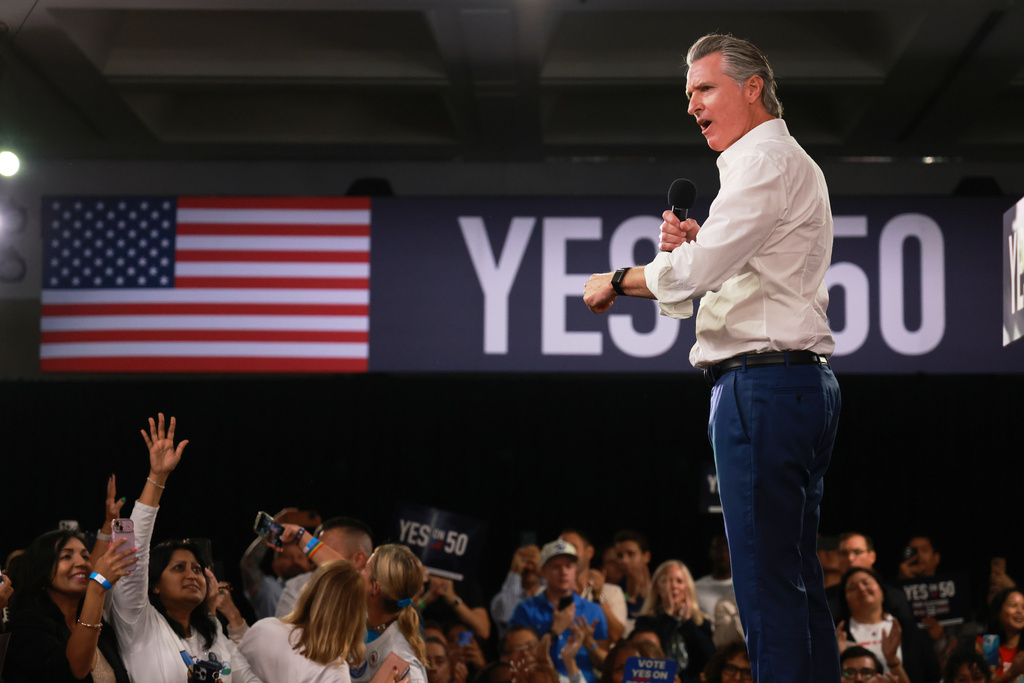 FILE - Gov. Gavin Newsom speaks during a campaign event on Proposition 50, Nov. 1, 2025, in Los Angeles. (AP Photo/Ethan Swope, File)