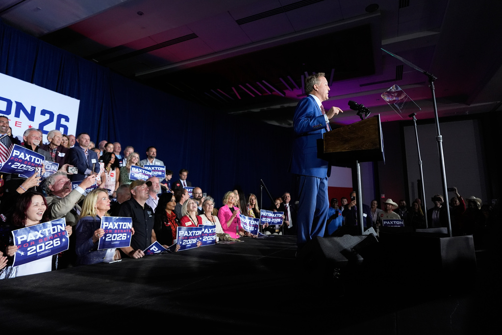 Texas Attorney General Ken Paxton, a Republican candidate for the U.S. Senate, speaks during a primary runoff election night event after winning the Republican party's nomination Tuesday, May 26, 2026, in Plano, Texas. (AP Photo/Tony Gutierrez)