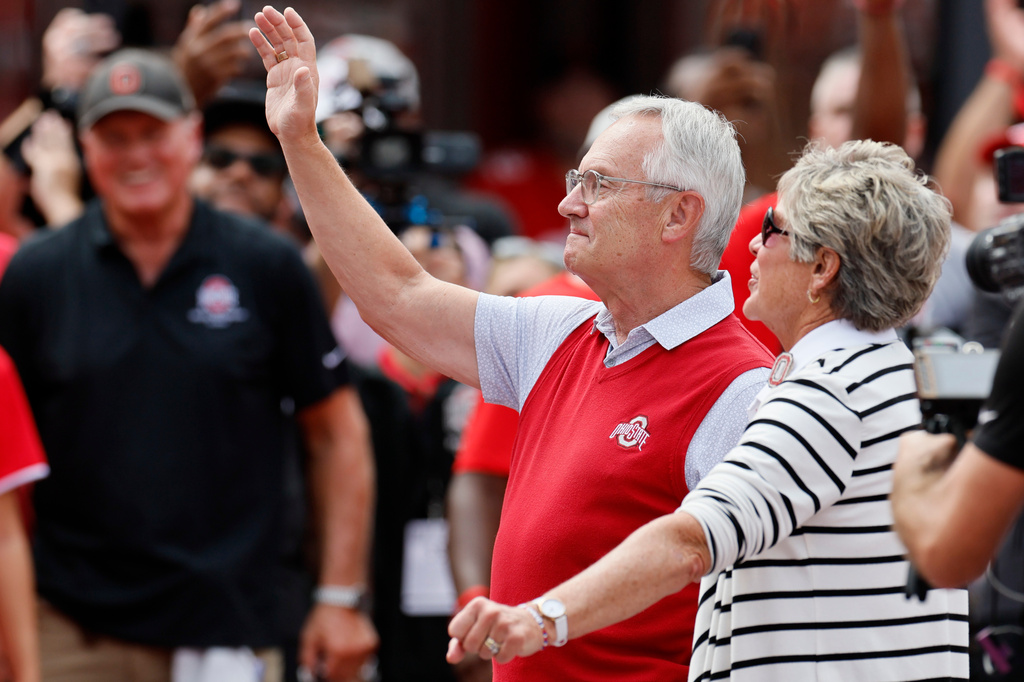 Former Ohio State head coach Jim Tressel, second from right, is honored at the Ohio State against Ball State NCAA college football game, Saturday, Sept. 5, 2026, in Columbus, Ohio. (AP Photo/Jay LaPrete)