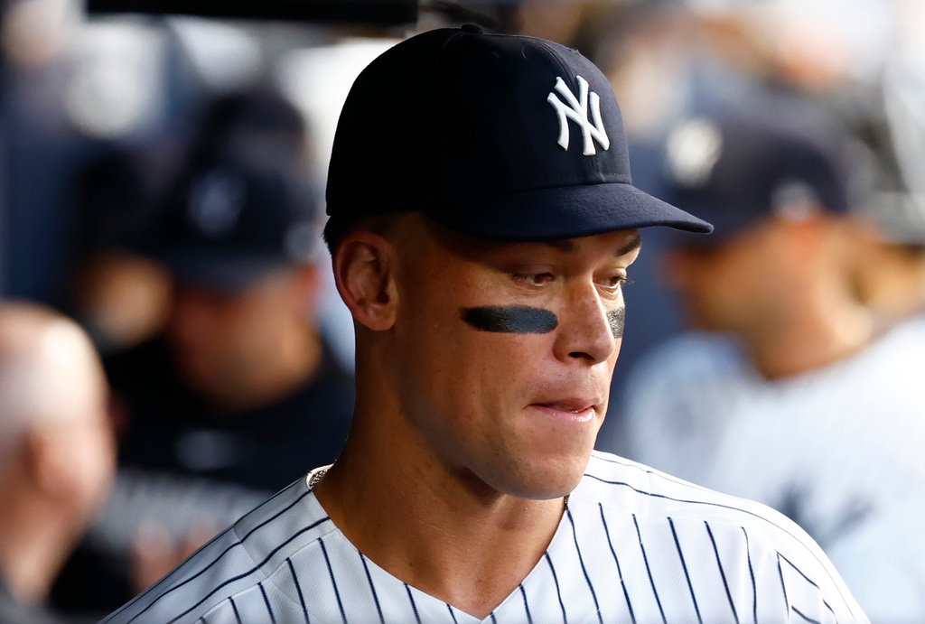 New York Yankees' Aaron Judge is seen in the dugout before game against the Colorado Rockies, Tuesday, Sept. 8, 2026, in New York. (AP Photo/Noah K. Murray)