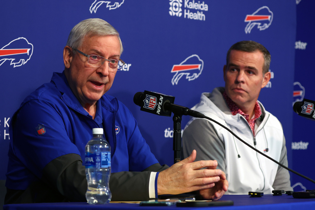 Buffalo Bills owner Terry Pegula left, and General Manager Brandon Beane speak at a NFL football news conference in Orchard Park, N.Y., Wednesday, Jan 21, 2024. (AP Photo/Jeffrey T. Barnes)