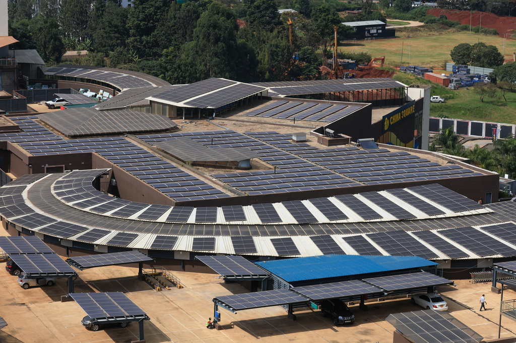 A solar power plant is seen at the car park of Two Rivers Complex in Nairobi, Kenya, Thursday, July 16, 2026. (AP Photo/Andrew Kasuku) CORRECTION: Corrects day to Thursday instead of Tuesday.