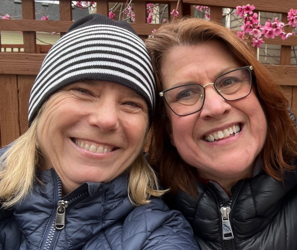 Heather Robb, left, and Laine DePasquantonio, right, pose for a selfie in Denver, Colo., when they reconnected in April, 2025. (Heather Robb via AP)