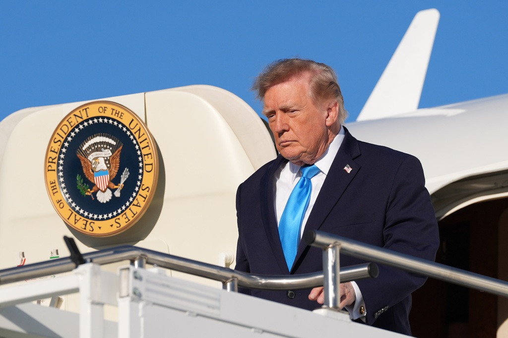 President Donald Trump arrives on Air Force One at Central Nebraska Regional Airport, Monday, Oct. 5, 2026, in Grand Island, Neb. (AP Photo/Alex Brandon)
