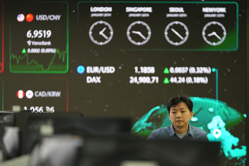 A dealer walks past near the screens showing the foreign exchange rates at a dealing room of Hana Bank in Seoul, South Korea, Monday, Jan. 26, 2026. (AP Photo/Lee Jin-man)
