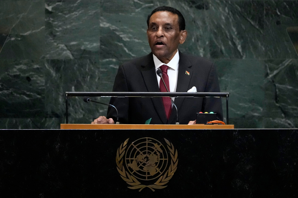 Transitional prime minister of Sudan Kamil El-Tayeb Idris addresses the 80th session of the United Nations General Assembly, Thursday, Sept. 25, 2025, at U.N. headquarters. (AP Photo/Pamela Smith)