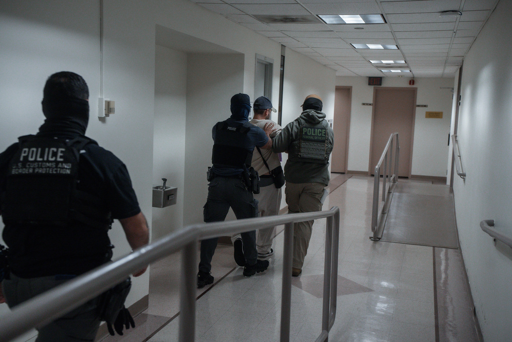 Federal agents detain an asylum seeker after his master hearing at the immigration court, Thursday, July 31, 2025, in New York. (AP Photo/Olga Fedorova)