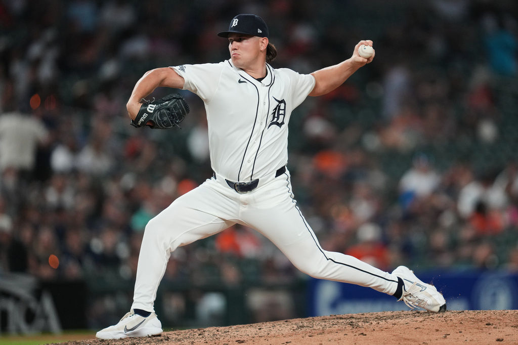 Detroit Tigers pitcher Tyler Holton throws against the Los Angeles Angels during the eighth inning of a baseball game Tuesday, May 26, 2026, in Detroit. (AP Photo/Paul Sancya)