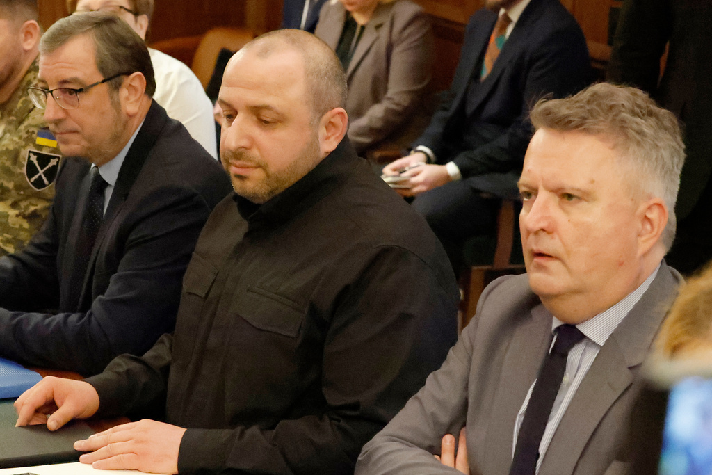 Ukrainian officials, from left, Vadym Skibitskyi, Deputy Chief to the Head of the Defence Intelligence , Rustem Umerov, Secretary of the National Security, and Sergiy Kyslytsia, First Deputy Foreign Minister look on during a meeting with U.S. officials Sunday, Nov. 30, 2025, in Hallandale Beach, Fla. (AP Photo/Terry Renna)