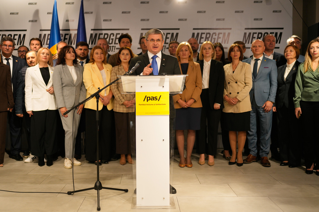 Igor Grosu, president of Moldova's parliament and leader of the pro-EU Party of Action and Solidarity speaks to the media after the parliamentary election, in Chisinau, Moldova, Monday, Sept. 29, 2025. (AP Photo/Vadim Ghirda)
