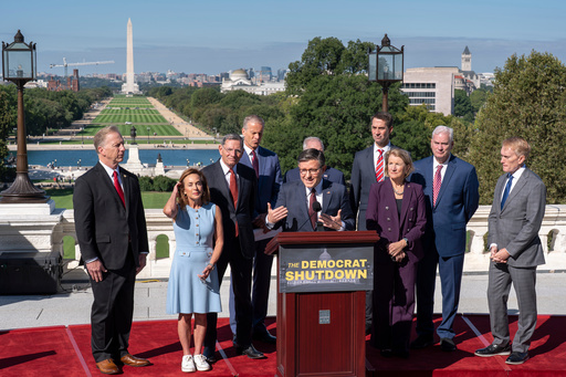Speaker of the House Mike Johnson, R-La., center, leads the top Republicans in Congress at a news conference on the government shutdown, at the Capitol in Washington, Wednesday, Oct. 1, 2025. (AP Photo/J. Scott Applewhite) Speaker of the House Mike Johnson, R-La., center, leads the top Republicans in Congress at a news conference on the government shutdown, at the Capitol in Washington, Wednesday, Oct. 1, 2025. (AP Photo/J. Scott Applewhite)