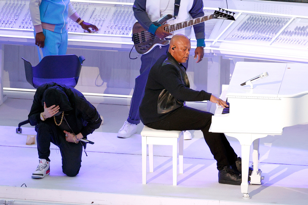 FILE - Eminem, left, and Dr. Dre perform in the halftime show during the NFL Super Bowl 56 football game in Inglewood, Calif., on Feb. 13, 2022. (AP Photo/Tyler Kaufman, File)