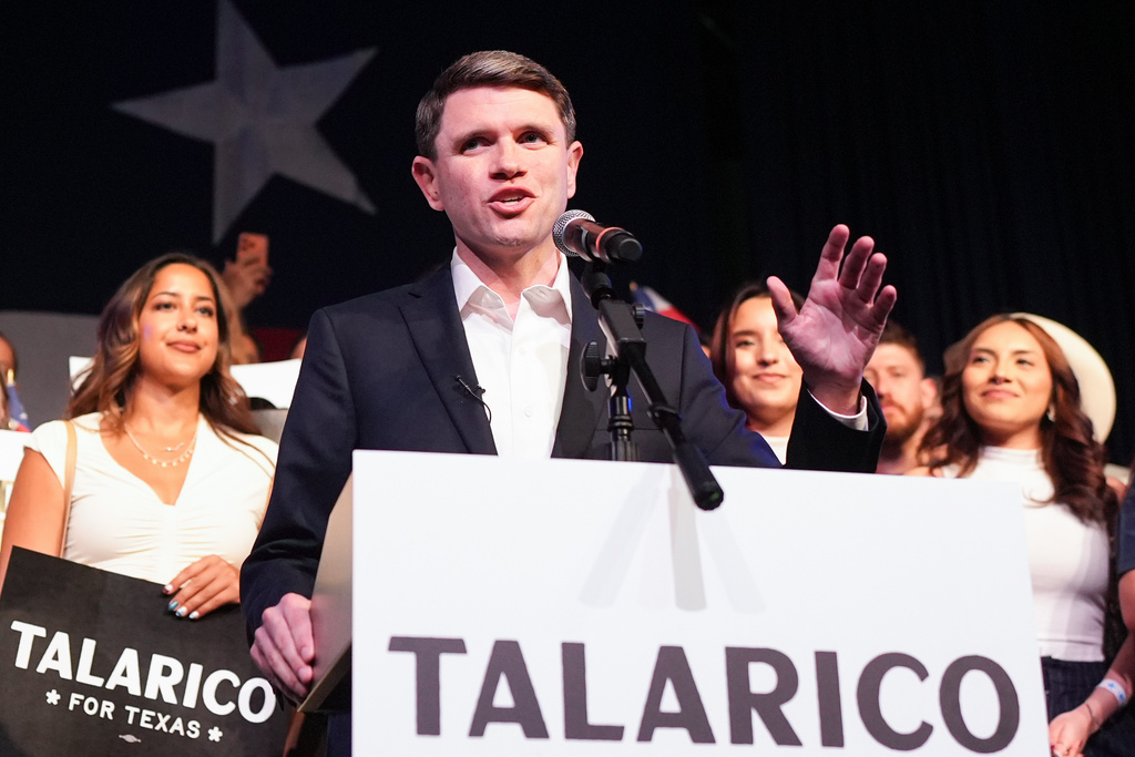Texas state Rep. James Talarico, D-Austin, a Democratic candidate for the U.S. Senate, speaks at a primary election watch party Tuesday, March 3, 2026, in Austin, Texas. (AP Photo/Eric Gay)
