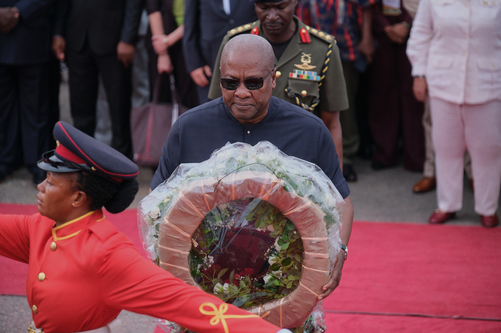 President John Dramani Mahama lays a wreath in a ceremony to honor victims of the transatlantic slave trade at Christiansborg Castle during a Juneteenth commemoration ceremony in Accra, Ghana, Friday, June 19, 2026. (AP Photo/Reuben Ekow Quansah)
